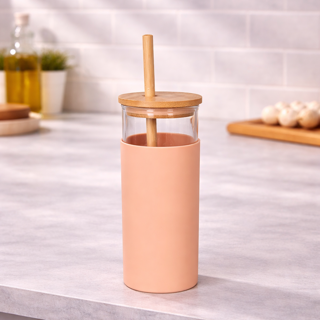 Danny Home Borosilicate Bottle with Wood Lid & Straw 17.7cm