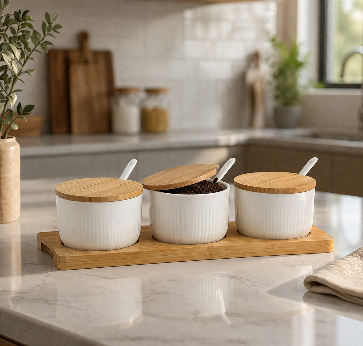 Danny Home Bamboo Tray & Ceramic Pastry Bowls