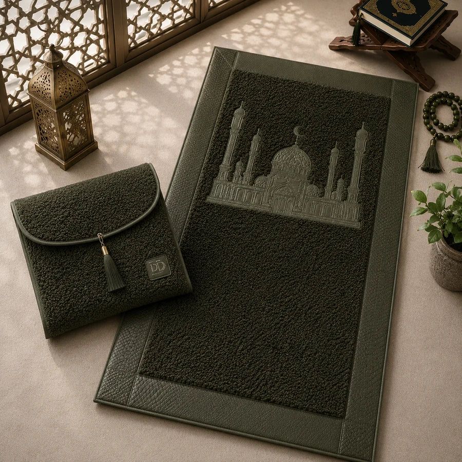 HomeIbadah Turkish Fleece Litchi Leather Prayer Mat - Army Green