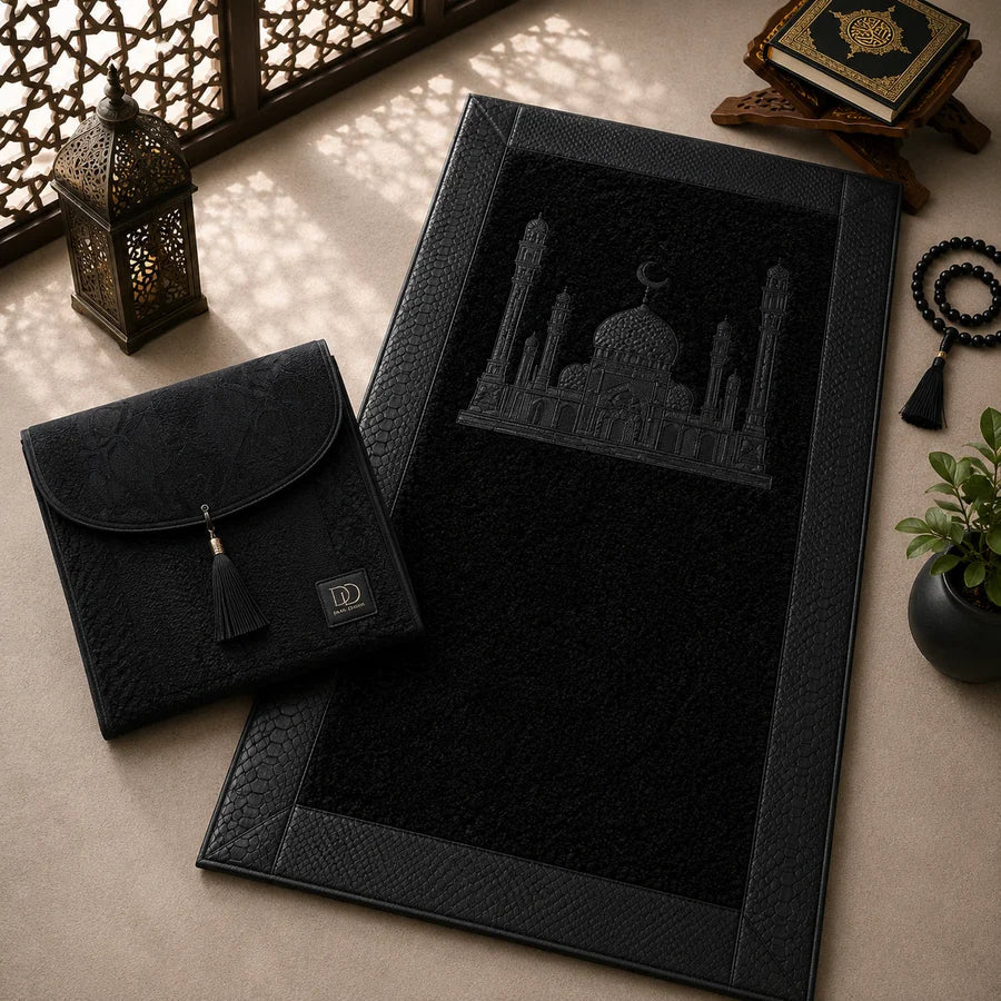 HomeIbadah Turkish Fleece Litchi Leather Prayer Mat - Black