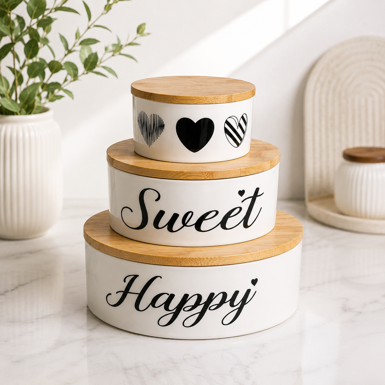 3-Piece Ceramic Serving Bowl Set with Bamboo Lids