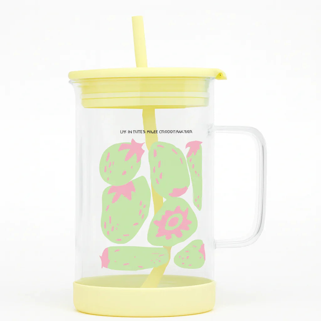 Cute Printed Glass with Handle & Straw