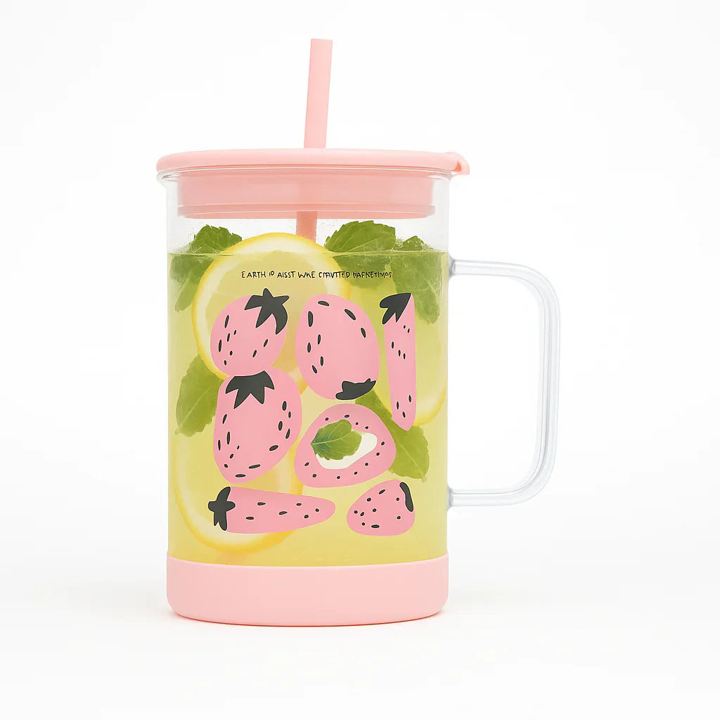 Cute Printed Glass with Handle & Straw