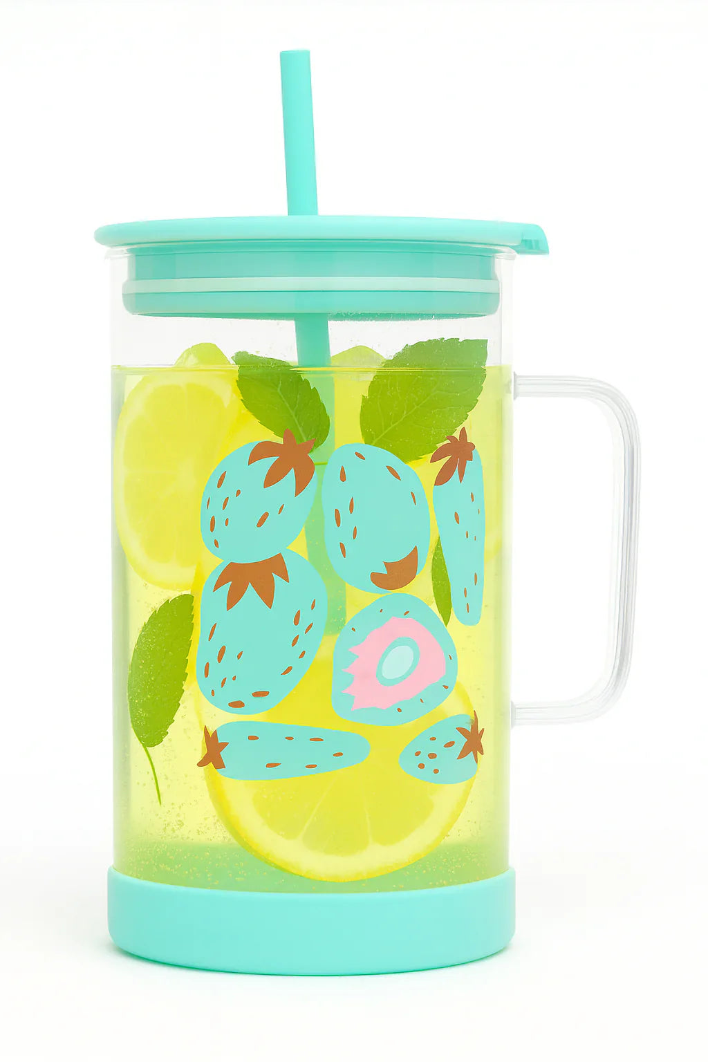Cute Printed Glass with Handle & Straw