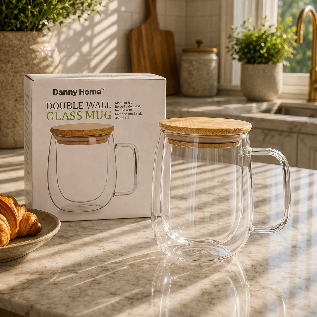 Danny Home Double Walled Glass Mug with Handle & Bamboo Lid 350ml