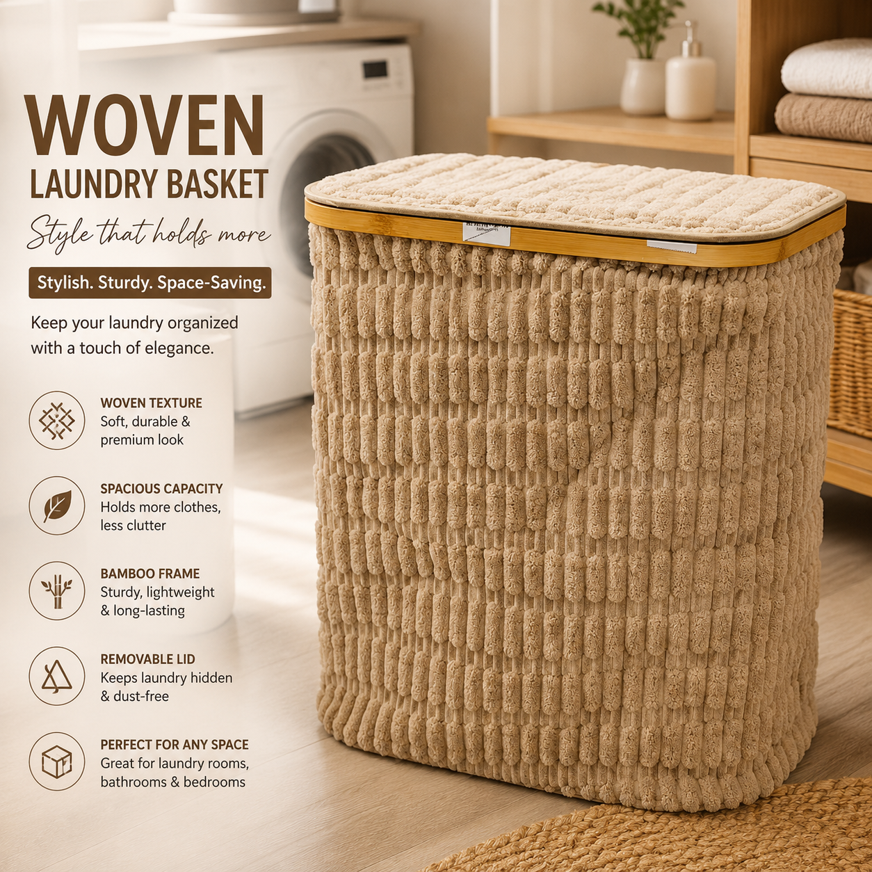 Beige Woven Laundry Basket with Bamboo Lid