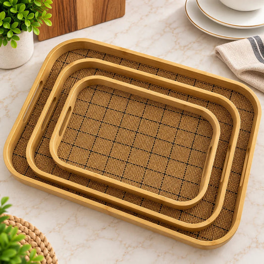 3Pcs Bamboo Woven Serving Tray Set – Natural Brown