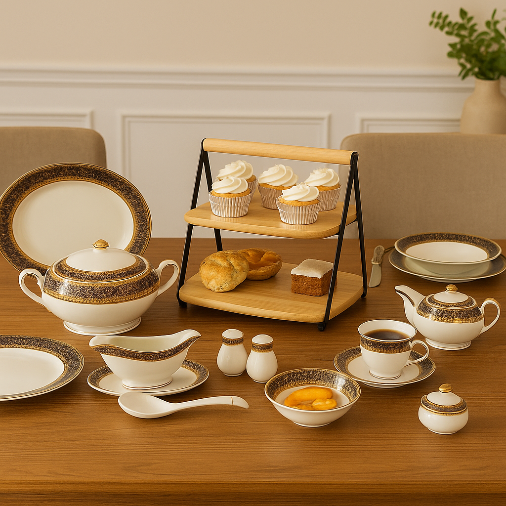 Two-Tier Wooden Dessert & Serving Stand With Metal Frame