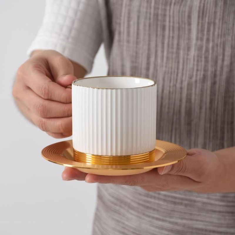 Striped Coffee & Tea Cup Set With Metal Saucer – Set Of 6 | Elegant Gift Set |