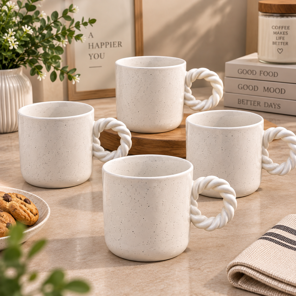 Premium Speckled Ceramic Rope Handle Mug Set – 4 Pcs