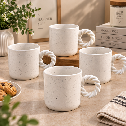 Premium Speckled Ceramic Rope Handle Mug Set – 4 Pcs