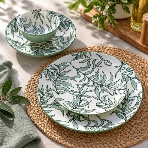 24-Piece Premium Green Botanical Stoneware Ceramic Dinnerware Set