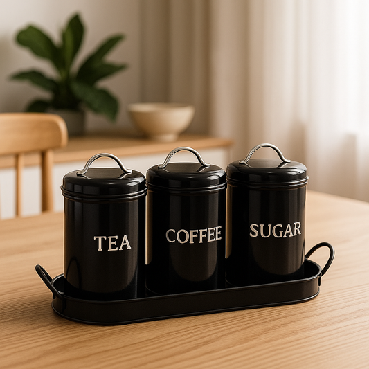 3-Piece Tea, Coffee & Sugar Jar Set With Metal Tray