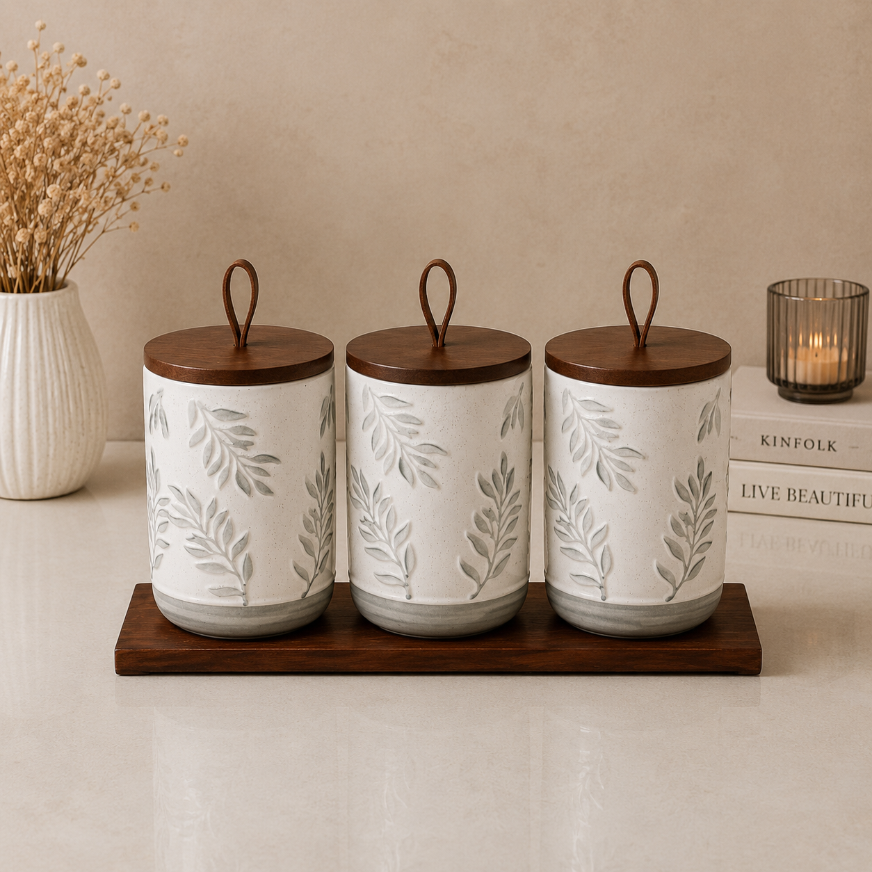 3 Pcs Botanical Ceramic Canister Set with Wooden Tray