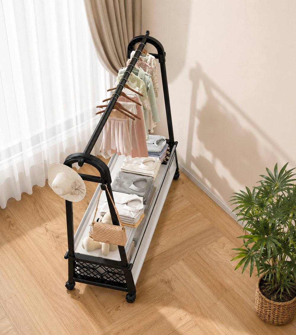 Movable Standing Clothes Rack With Wheels, A Shape Dustproof Coat Rack, Heavy Duty Minimalist Clothing Stand with Storage Wardrobe