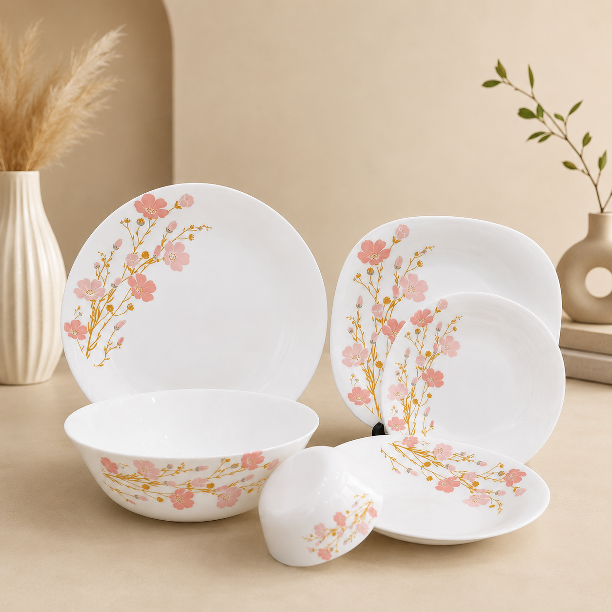 26 Pcs Pink Floral Opal Dinner Set