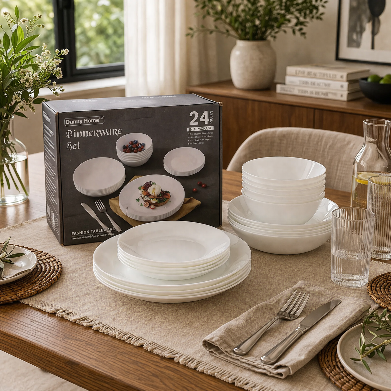 Danny Home 24Pcs Opalware White Dinner Set