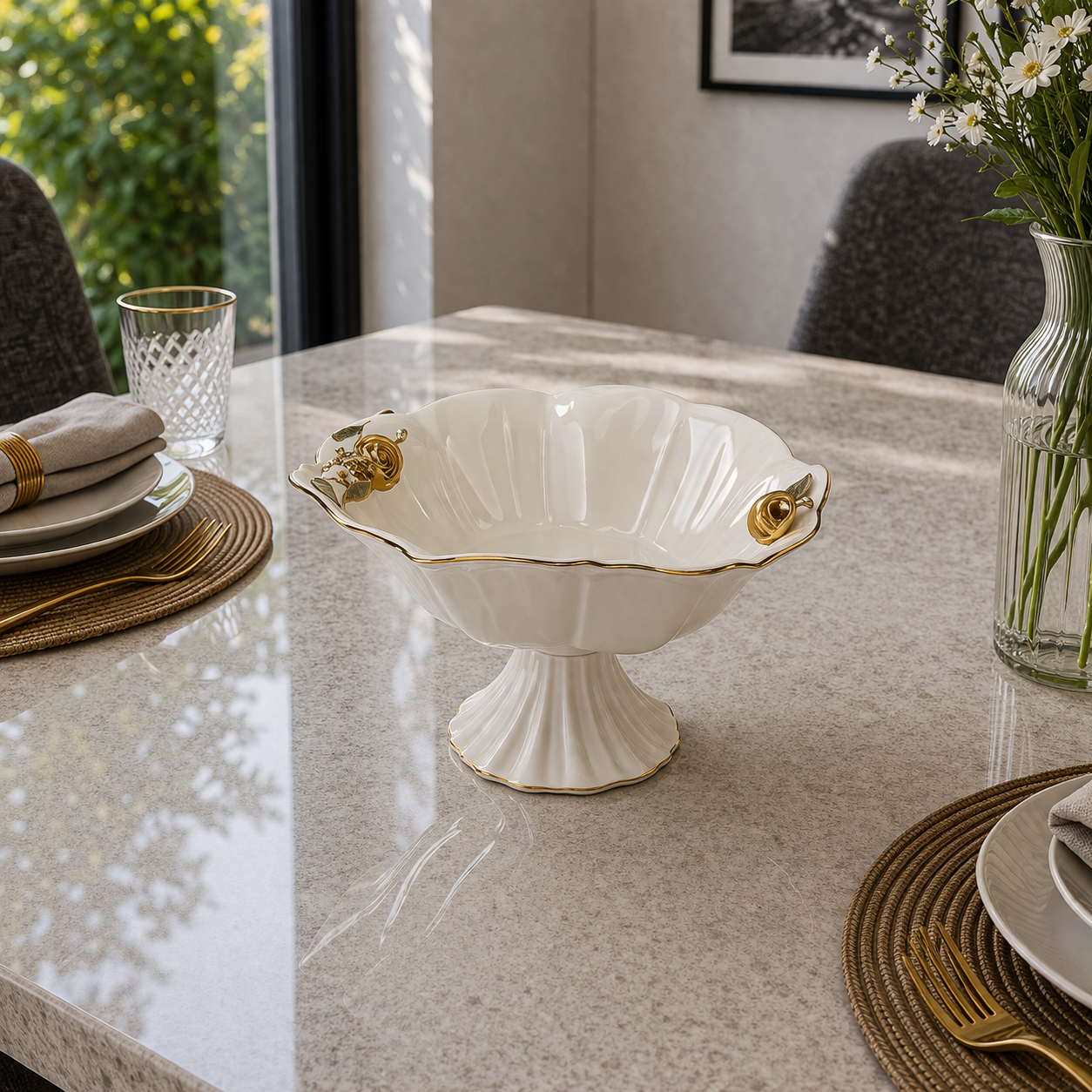 Angela Royal Floral Gold Accent Ceramic Pedestal Bowl – 10.5 Inch