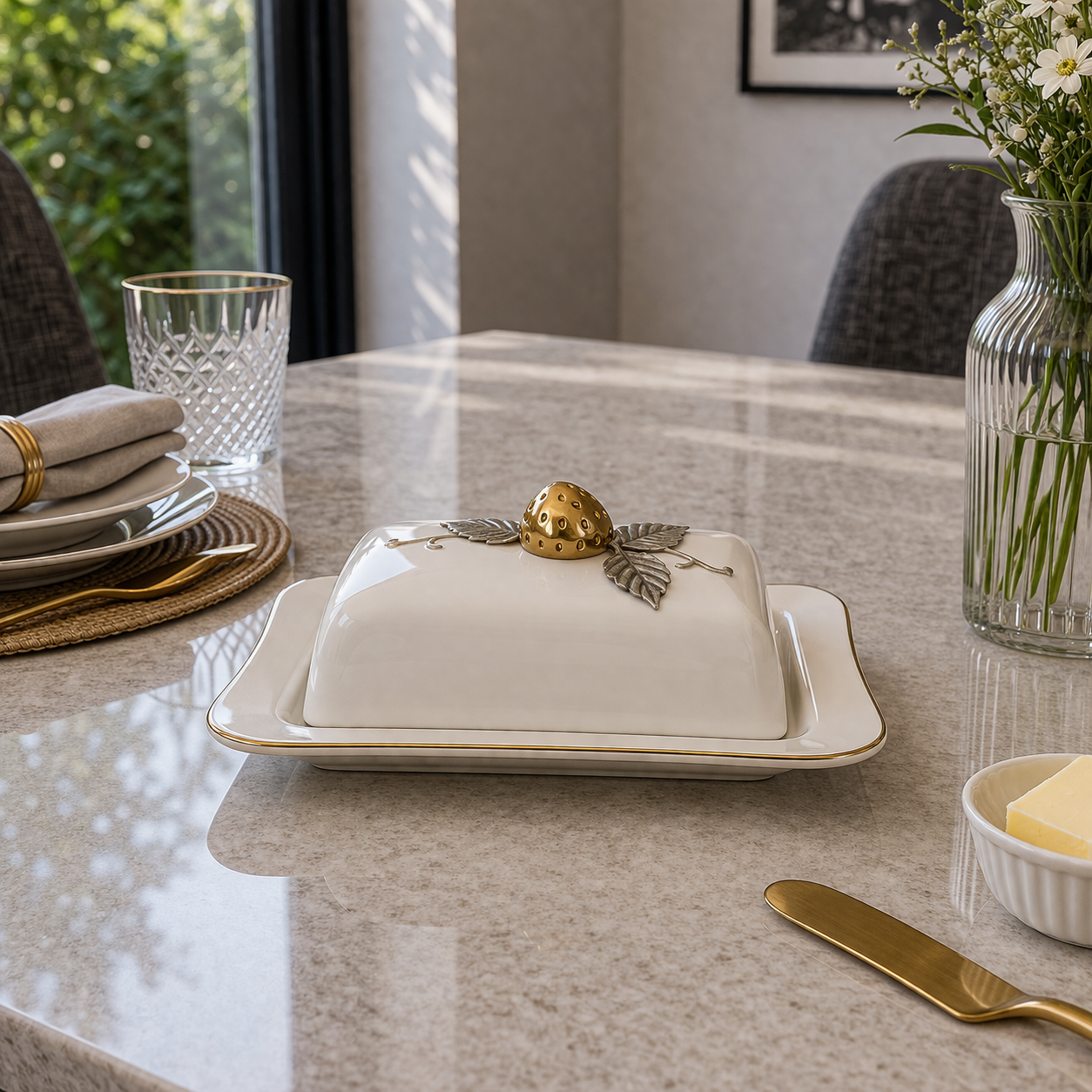 Angela Elegant Gold Accent Ceramic Butter Dish with Lid