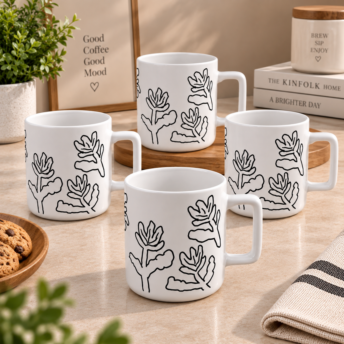 Premium Botanical Ceramic Mug Set – 4 Pcs