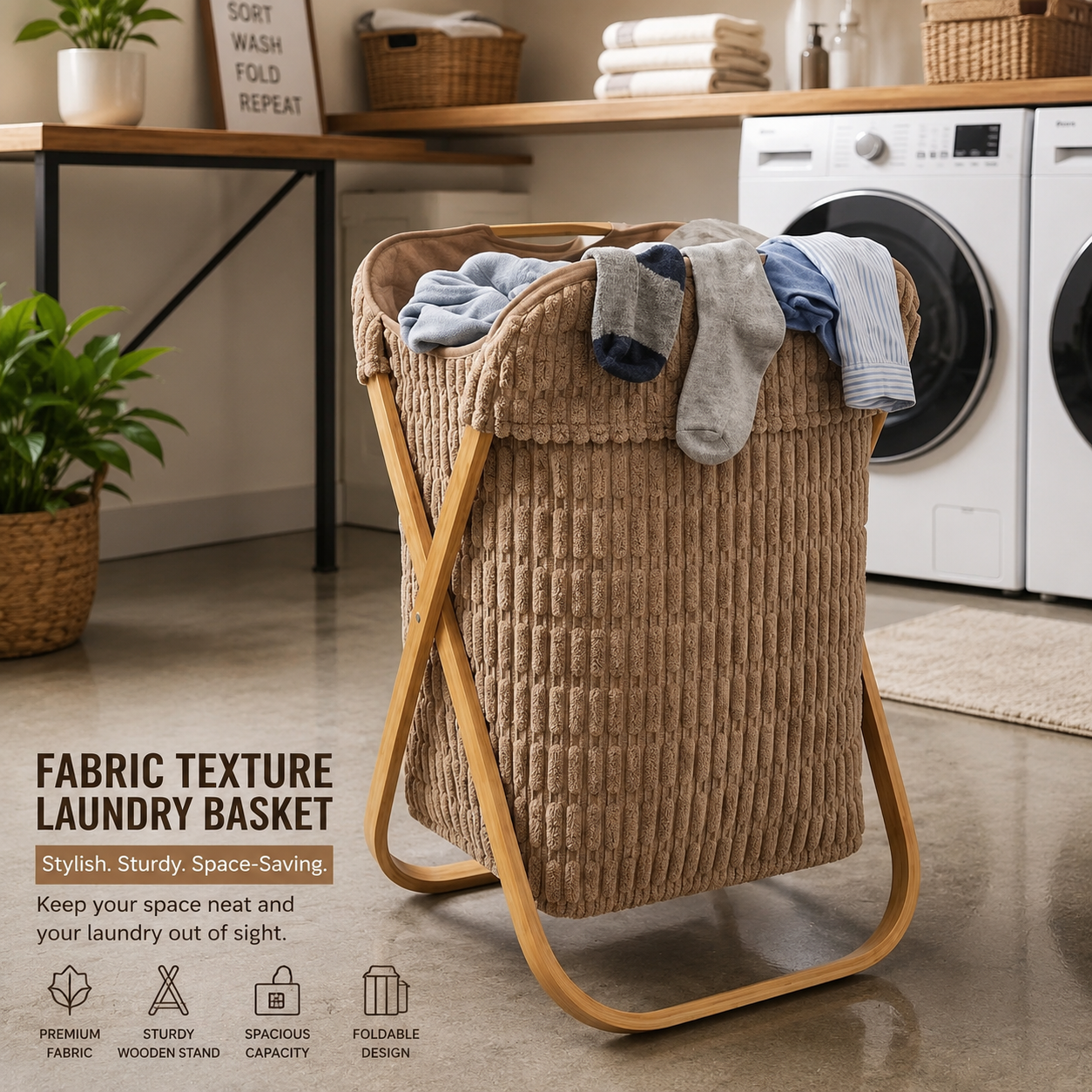 Beige Woven Fabric Laundry Basket with Wooden Stand