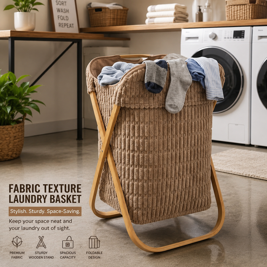 Beige Woven Fabric Laundry Basket with Wooden Stand