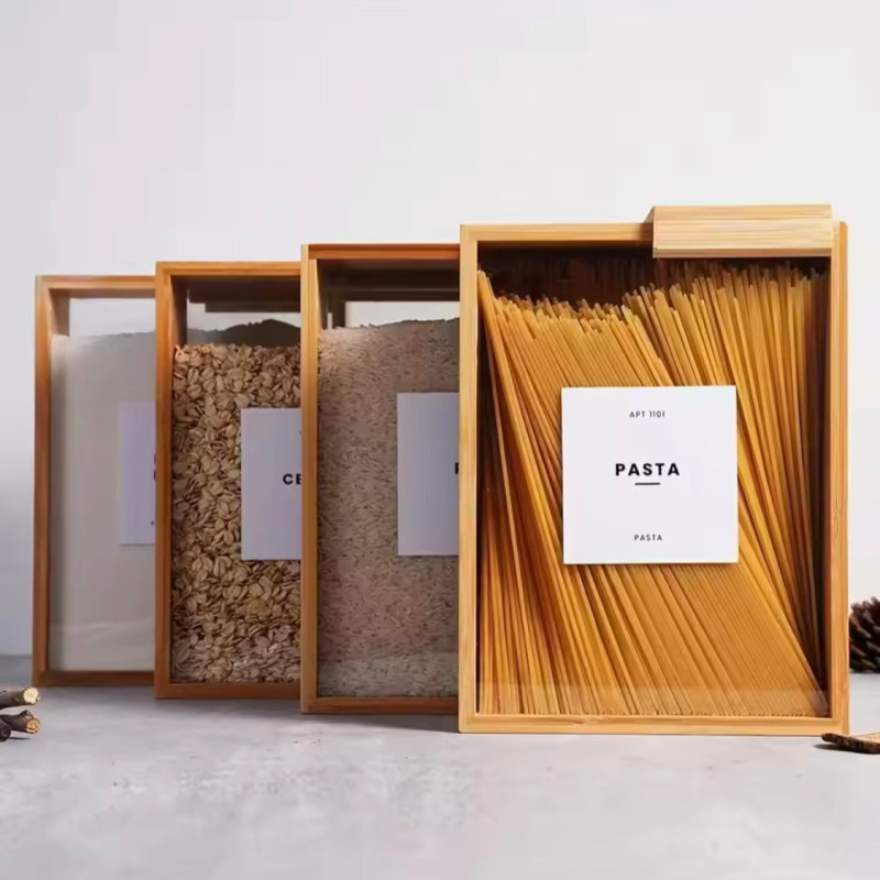 Wooden Cereal Storage Jar, Grain Food Bamboo Storage Container, Kitchen Food Storage Box Organizer
