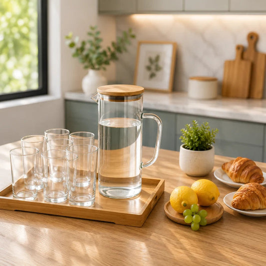 Crystal Flow Glass Beverage Set with Bamboo Tray – 8 Pieces