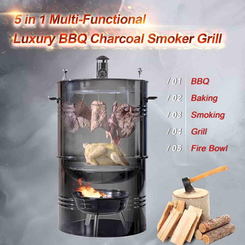 Vertical Charcoal Smoker Grill 18 Inch, Heavy Duty Round BBQ Grill Multi-Function Barrel Grill For Outdoor Cooking, Black