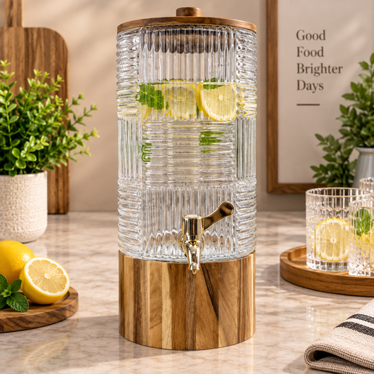 Premium Ribbed Glass Beverage Dispenser with Wooden Stand