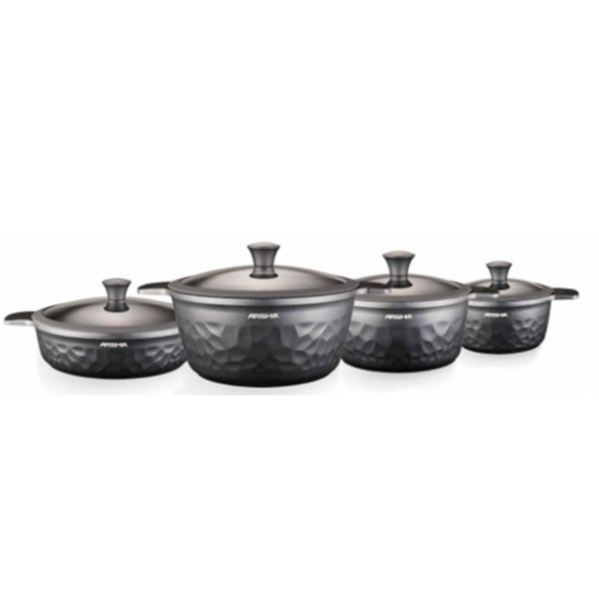 ARSHIA PREMIUM DIE-CASTED ALUMINIUM 8PCS COOKWARE SET SILICON GLASS LID SILVER