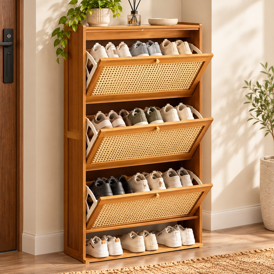 3-Tier Bamboo & Rattan Tilt-Out Shoe Cabinet – Slim Entryway Organizer