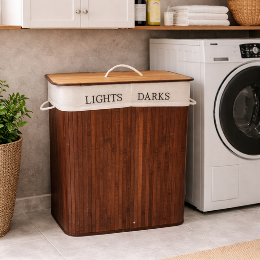 Rectangular Dual Compartments Bamboo Laundry Basket - Dark Brown