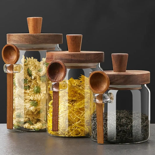 Wooden Knob Glass Jar With Spoon