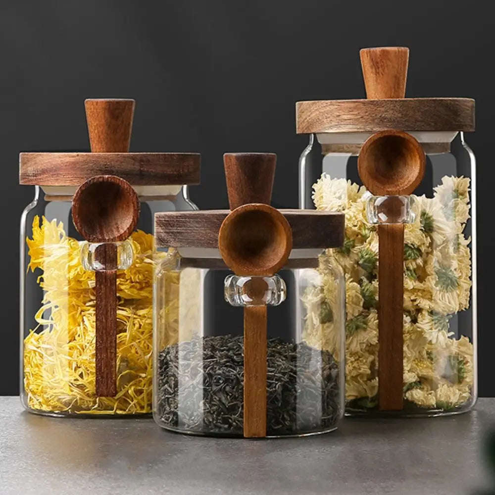 Wooden Knob Glass Jar With Spoon