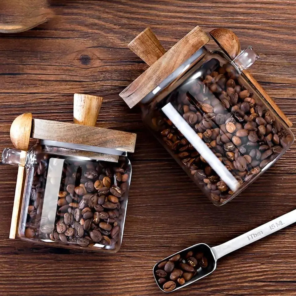 Wooden Knob Glass Jar With Spoon