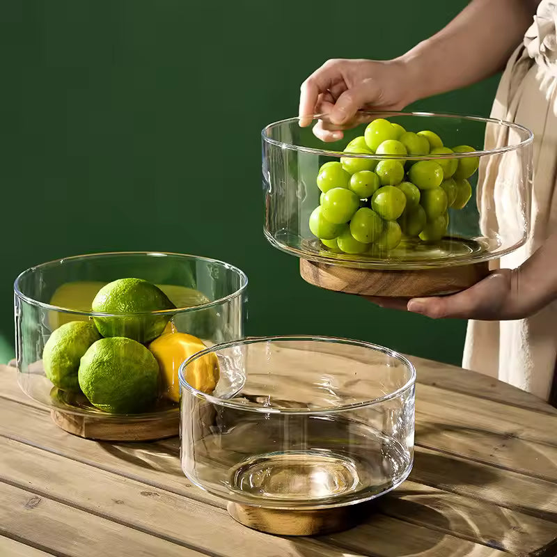 Modern Glass Fruit Bowl With Premium Wooden Base