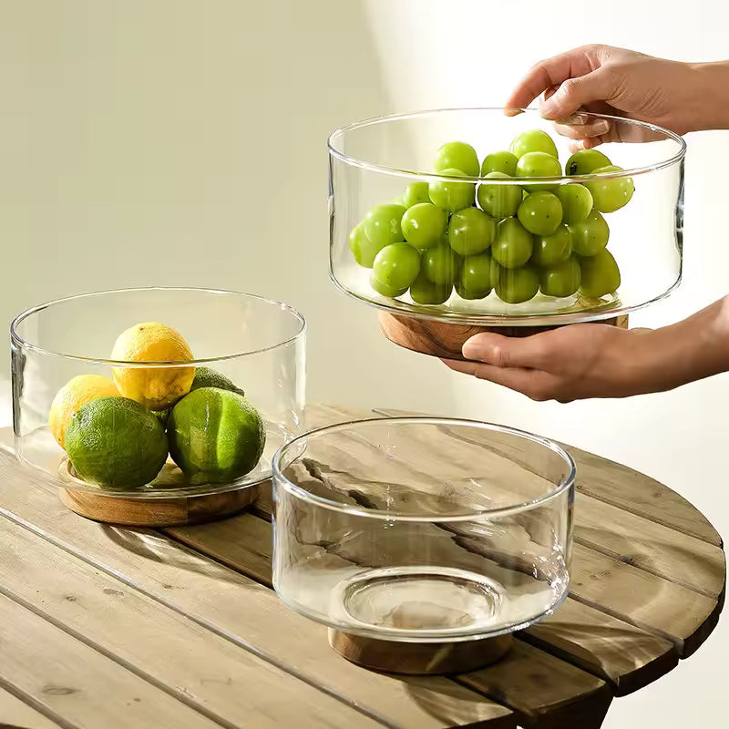 Modern Glass Fruit Bowl With Premium Wooden Base