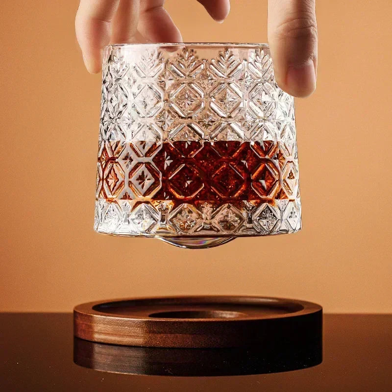 Spinning Whiskey Glass With Wood Coasters