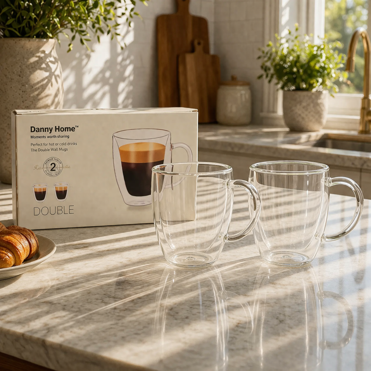Danny Home Double Walled Glass Mug with Handle 80ml - 2Pcs Set