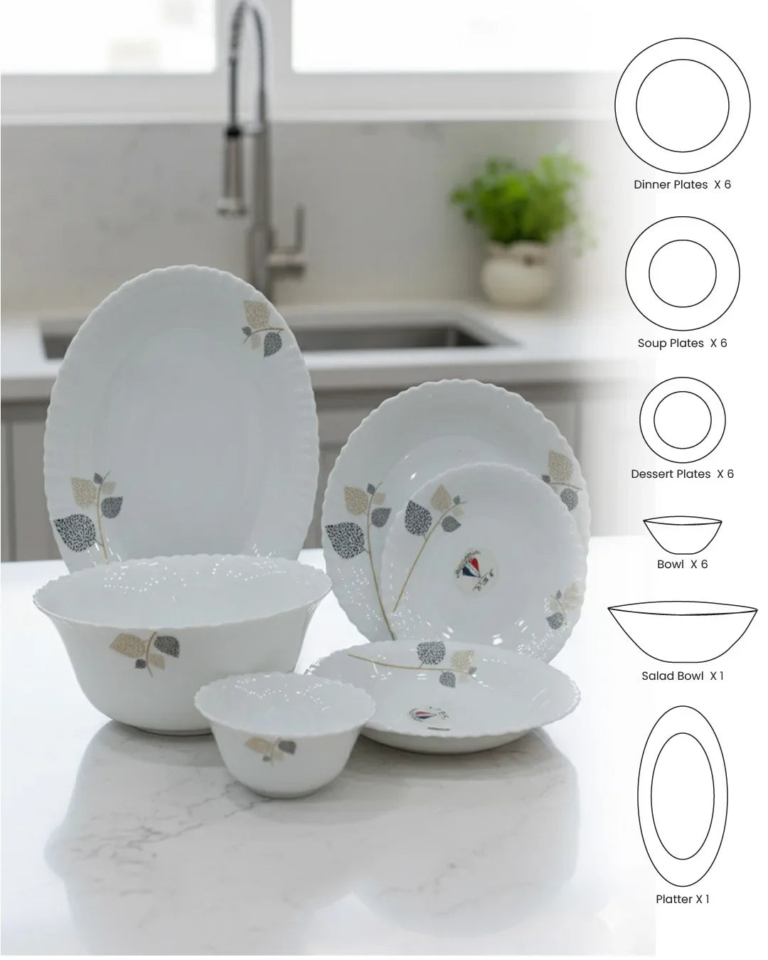 26-Piece Opalware Dinner Set – Elegant Leaf Design