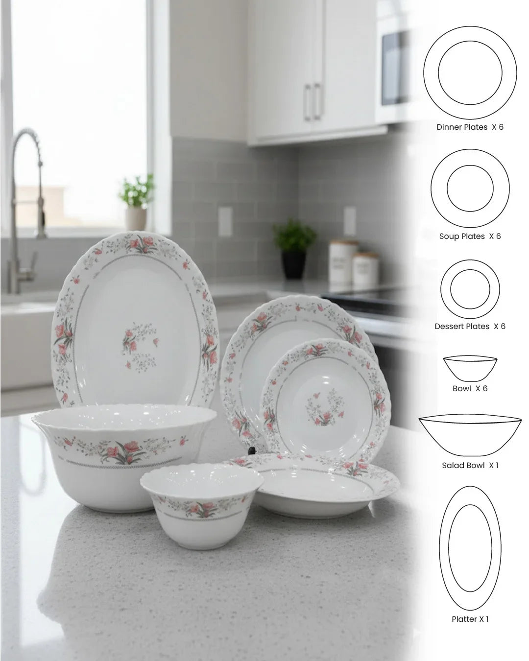 Rosé Grace 26-Piece Premium Opalware Dinner Set