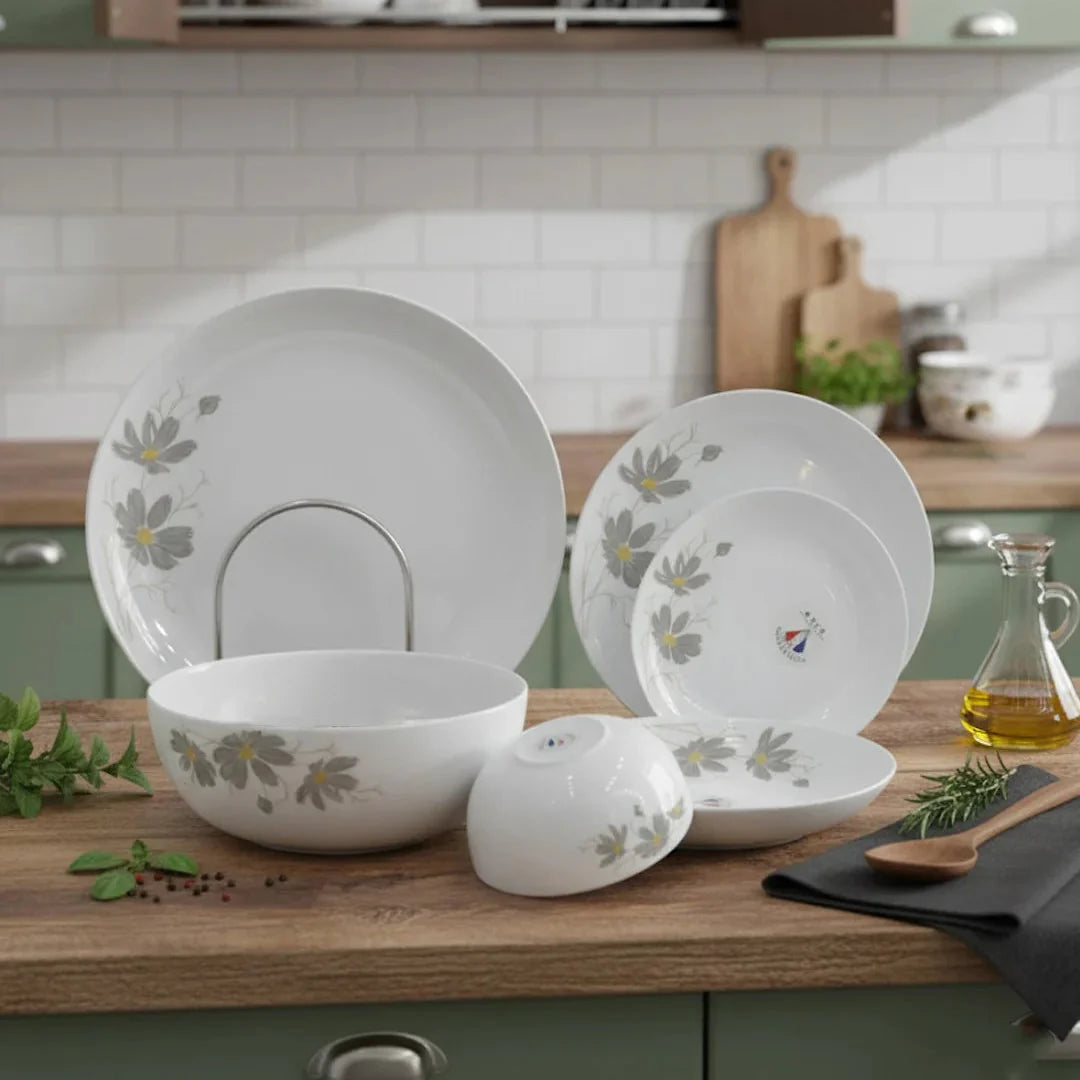 Elegant Grey Blossom Dinnerware Set – 26 Pieces