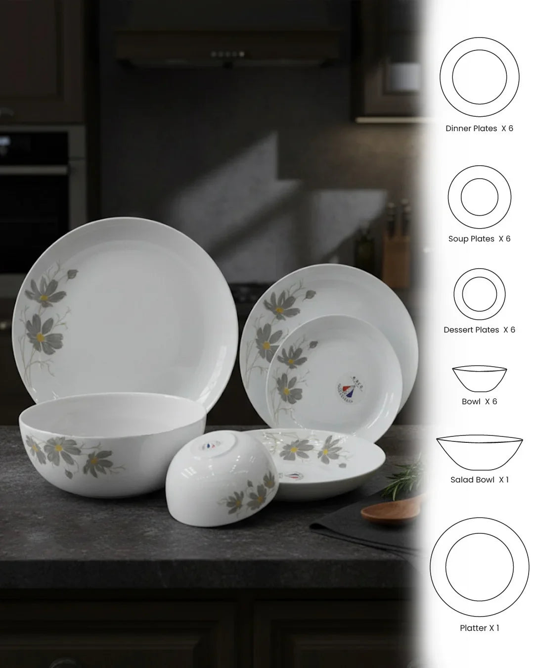 Elegant Grey Blossom Dinnerware Set – 26 Pieces