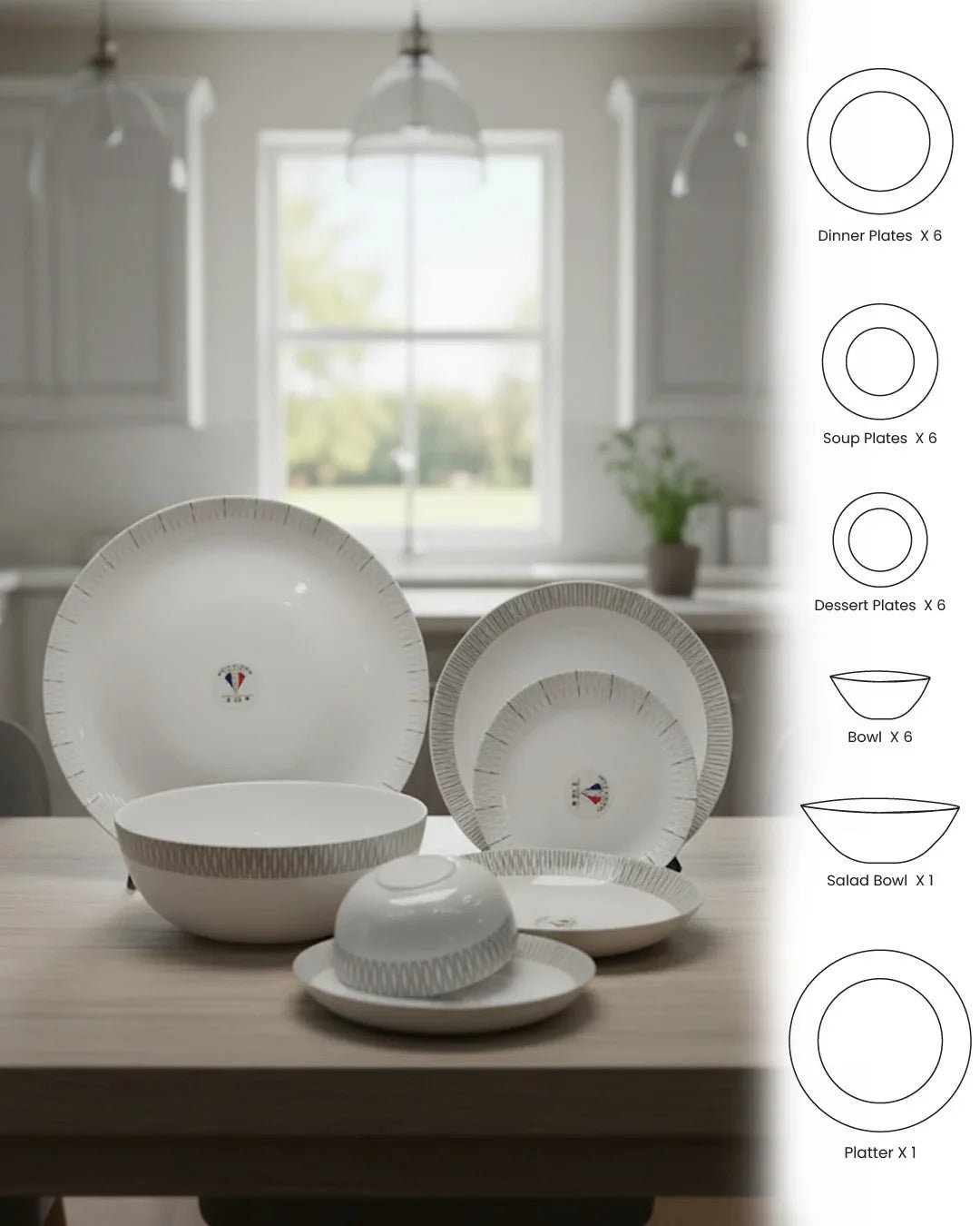 26-Piece Opalware Dinner Set with Minimalist Grey Line Design