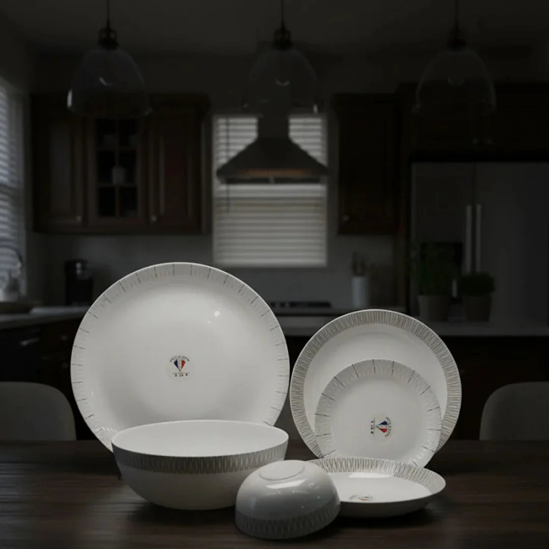 26-Piece Opalware Dinner Set with Minimalist Grey Line Design