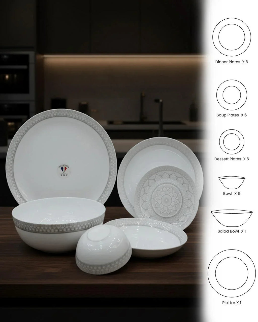26-Piece Opalware Dinner Set with Elegant Grey Geometric Border