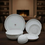 26-Piece Opalware Dinner Set with Elegant Grey Geometric Border