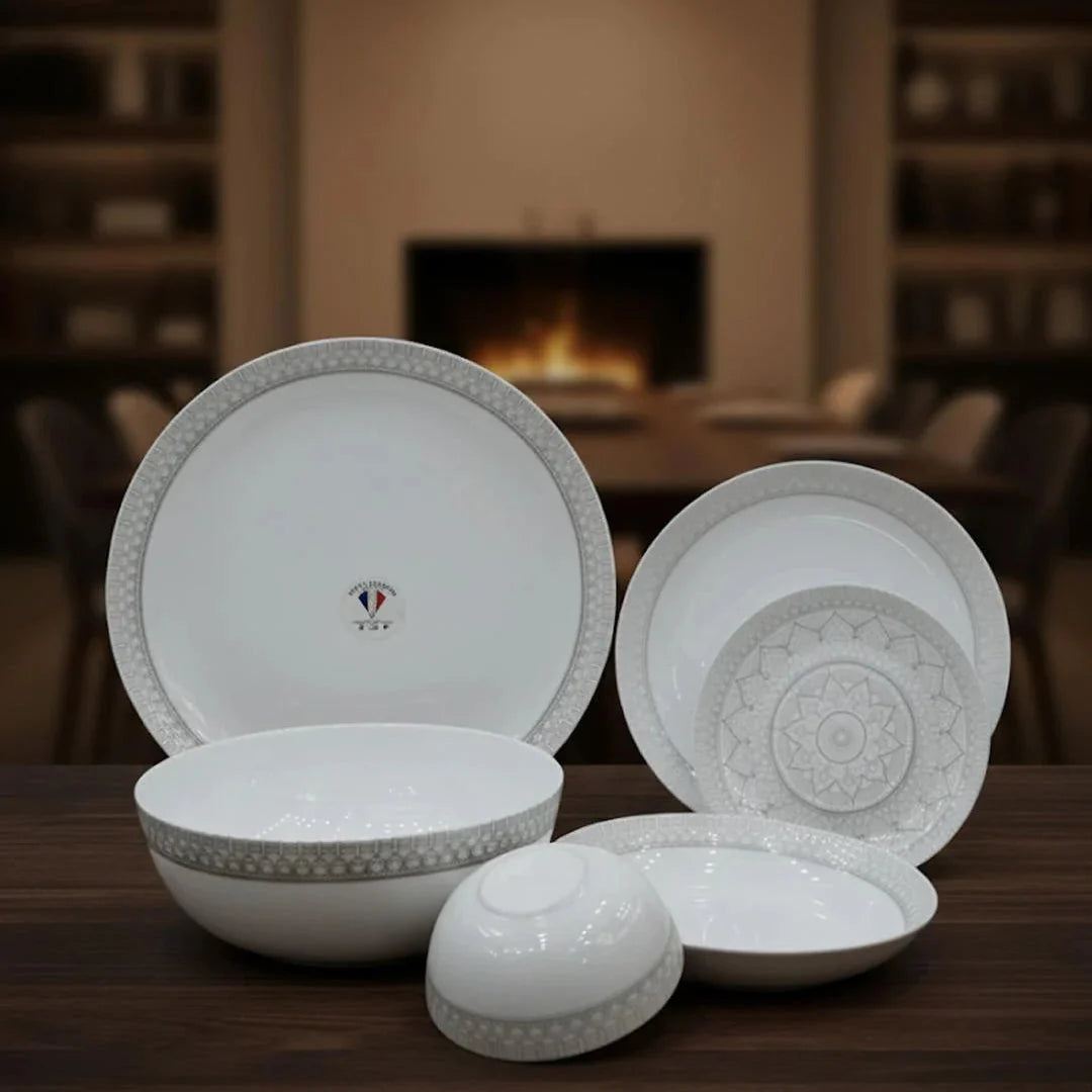 26-Piece Opalware Dinner Set with Elegant Grey Geometric Border