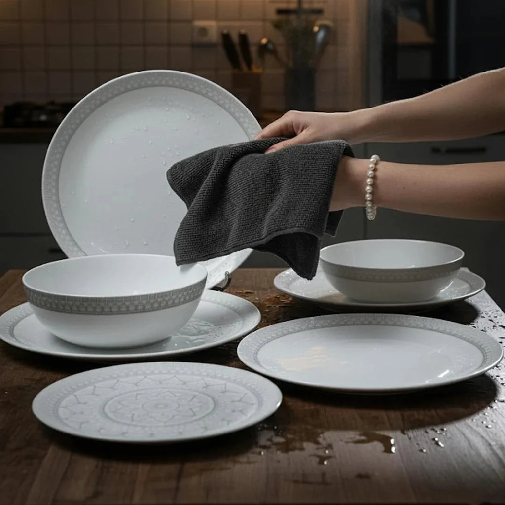 26-Piece Opalware Dinner Set with Elegant Grey Geometric Border
